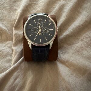 Mercedes Benz Navy and Silver Watch with Leather Strap